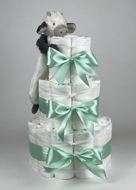 Chouette-Chouette | Luiertaart Neutraal | Kraamcadeau | Geboorte Jongen Meisje | Babyshower | Tuttle Koe Casper Groen van Chouette-Chouette