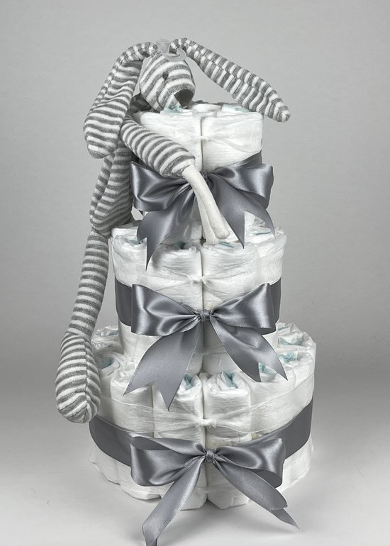 Chouette-Chouette | Luiertaart Neutraal | Kraamcadeau | Geboorte Jongen Meisje | Babyshower | Tuttle Konijn Reece Grijs van Chouette-Chouette