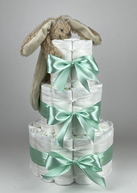 Chouette-Chouette | Luiertaart Neutraal | Kraamcadeau | Geboorte Jongen Meisje | Babyshower | Tuttle Konijn Richie Beige - Groen van Chouette-Chouette