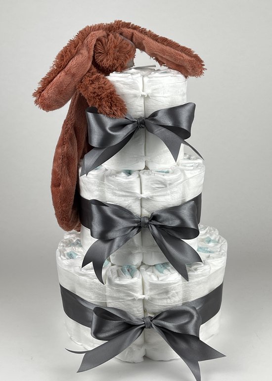 Chouette-Chouette | Luiertaart Neutraal | Kraamcadeau | Geboorte Jongen Meisje | Babyshower | Tuttle Konijn Richie Rusty - donker Grijs van Chouette-Chouette