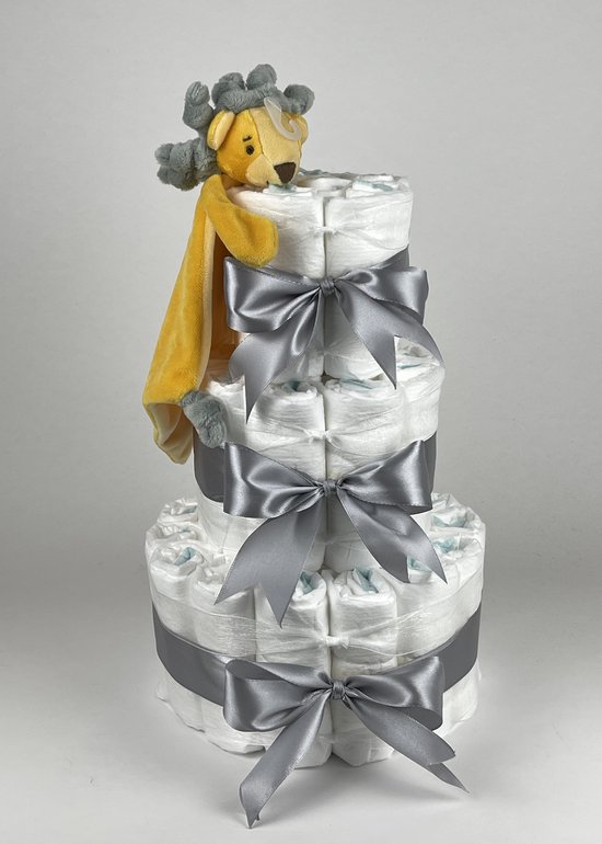 Chouette-Chouette | Luiertaart Neutraal | Kraamcadeau | Geboorte Jongen Meisje | Babyshower | Tuttle Leeuw Luke Grijs van Chouette-Chouette