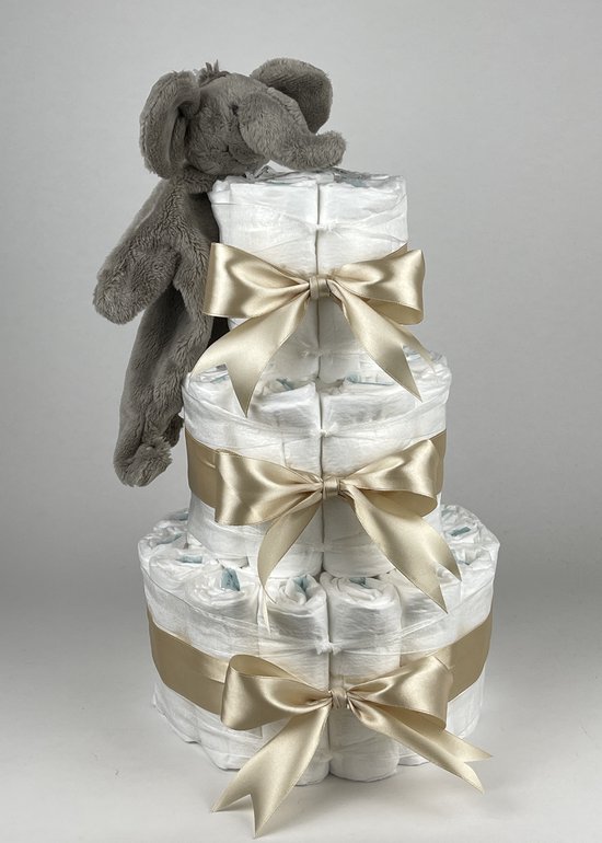 Chouette-Chouette | Luiertaart Neutraal | Kraamcadeau | Geboorte Jongen Meisje | Babyshower | Tuttle Olifant Elliot Beige van Chouette-Chouette
