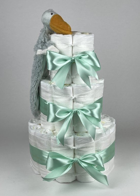 Chouette-Chouette | Luiertaart Neutraal | Kraamcadeau | Geboorte Jongen Meisje | Babyshower | Tuttle Pelikaan Pucci Groen van Chouette-Chouette