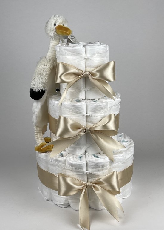 Chouette-Chouette | Luiertaart Neutraal | Kraamcadeau | Geboorte Jongen Meisje | Babyshower | Tuttle Stork Sky Beige van Chouette-Chouette