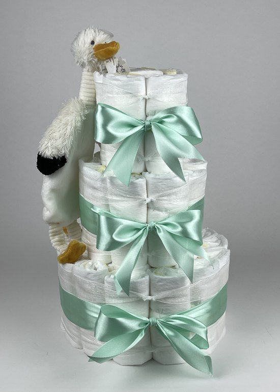 Chouette-Chouette | Luiertaart Neutraal | Kraamcadeau | Geboorte Jongen Meisje | Babyshower | Tuttle Stork Sky Groen van Chouette-Chouette