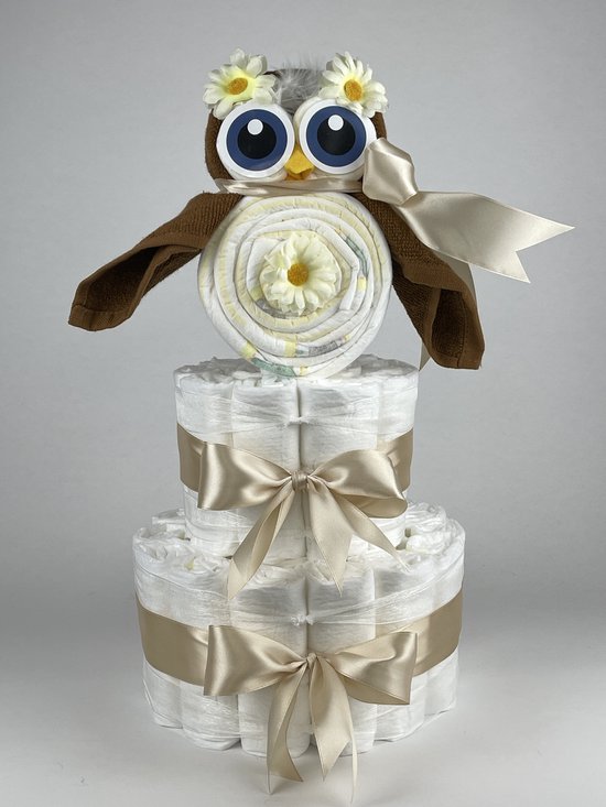 Chouette-Chouette | Luiertaart Neutraal | Kraamcadeau | Geboorte Jongen Meisje | Babyshower | Uil clay Bruin - Beige van Chouette-Chouette