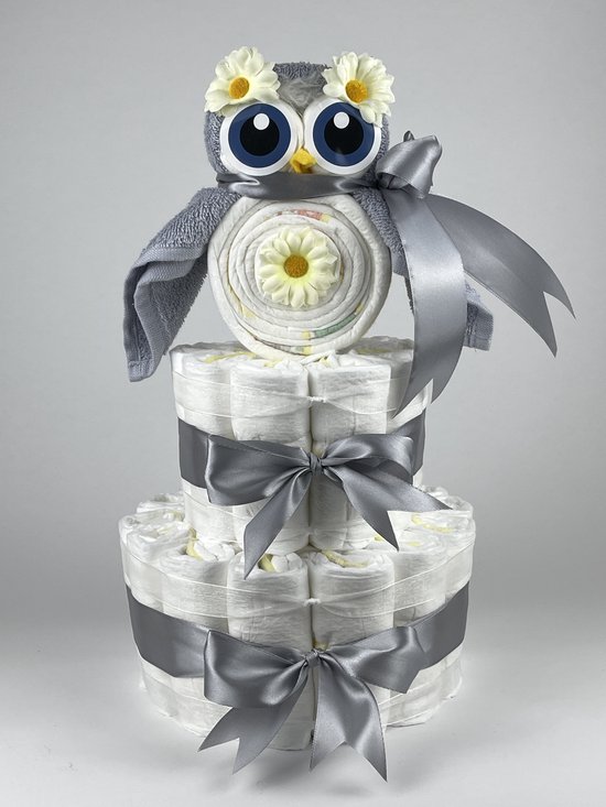 Chouette-Chouette | Luiertaart Neutraal | Kraamcadeau | Geboorte Jongen Meisje | Babyshower | Uil Grijs van Chouette-Chouette