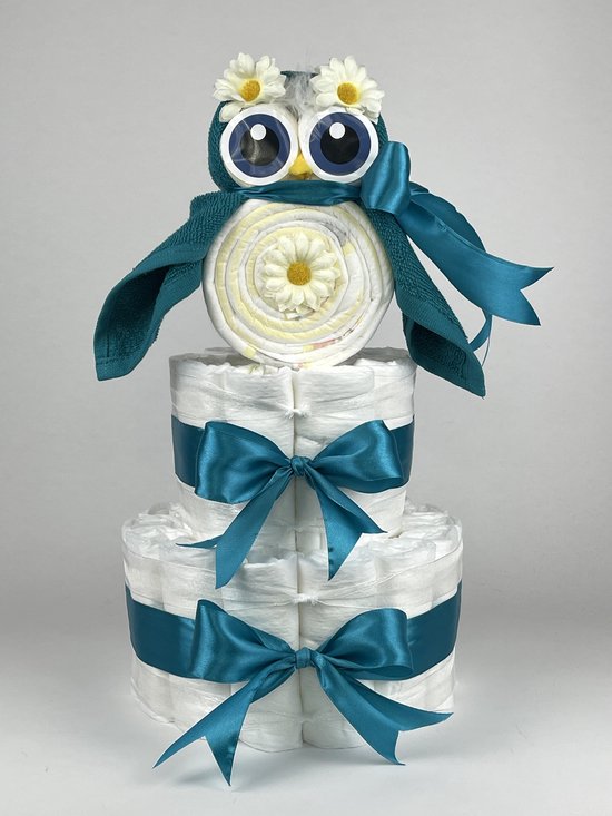 Chouette-Chouette | Luiertaart Neutraal | Kraamcadeau | Geboorte Jongen Meisje | Babyshower | Uil Lake groen - Petrol van Chouette-Chouette
