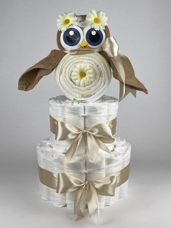 Chouette-Chouette | Luiertaart Neutraal | Kraamcadeau | Geboorte Jongen Meisje | Babyshower | Uil Sand - Beige van Chouette-Chouette
