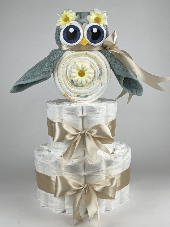 Chouette-Chouette | Luiertaart Neutraal | Kraamcadeau | Geboorte Jongen Meisje | Babyshower | Uil Stone groen - Beige van Chouette-Chouette