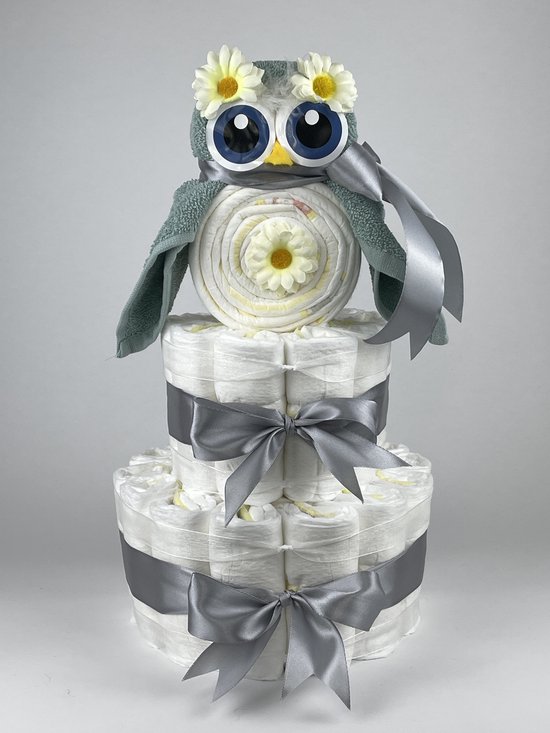 Chouette-Chouette | Luiertaart Neutraal | Kraamcadeau | Geboorte Jongen Meisje | Babyshower | Uil Stone groen - Grijs van Chouette-Chouette