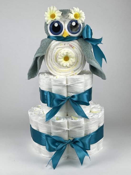Chouette-Chouette | Luiertaart Neutraal | Kraamcadeau | Geboorte Jongen Meisje | Babyshower | Uil Stone groen - Petrol van Chouette-Chouette