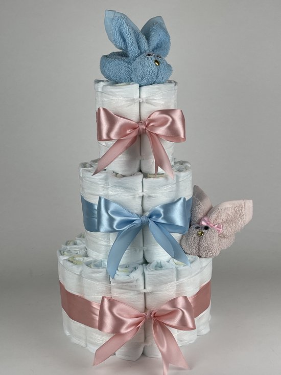 Chouette-Chouette | Luiertaart Tweeling | Kraamcadeau | Geboorte Jongen Meisje | Babyshower | Konijnen Blush roze - licht Blauw - donker Poeder Roze - Blauw van Chouette-Chouette