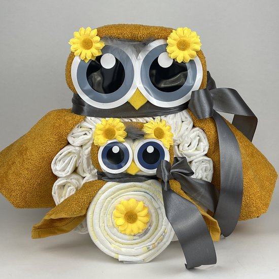 Chouette-Chouette | Luiertaart Uil Luieruil Neutraal | Kraamcadeau | Geboorte Jongen Meisje | Babyshower | Oker geel van Chouette-Chouette