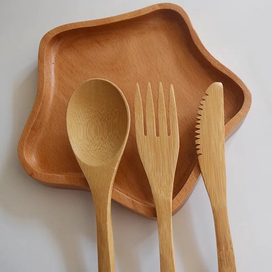 CHPN - Besteksetje - Bestek set - 3-delig - Bamboe - bestek - Vork, lepel en mes - Perfect voor onderweg - Met handig opbergzakje van CHPN