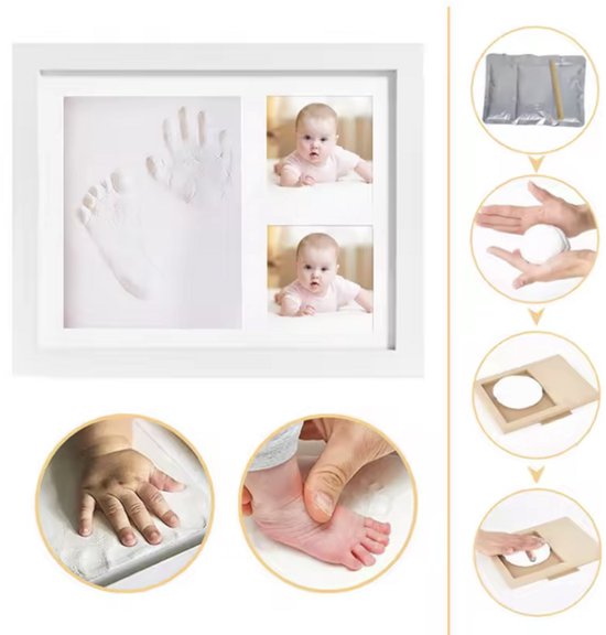 CHPN - Voetafdruk baby - Baby Voetafdruk en handafdruk in een fotolijstje - Baby-Fotolijsten met kleiafdruk - Kraamcadeau - Babyshower - Wit - Fotolijst met afdruk van CHPN