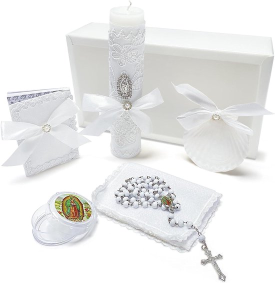 Christening Candle Set for Boys Girls, White 5 Pcs Kit Virgen De Guadalupe Catholic Candle, Christening Towel, Christening Shell, Rosary, Bible Baby Devotion Baptism Gift, Velas para Bautizo Niño