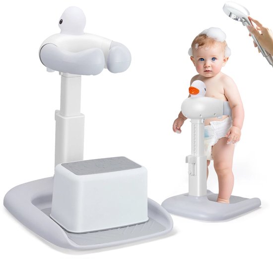 CINK & Co Douchestandaard voor baby's van 7 tot 36 maanden - 9 hoogtestanden en verstelbare breedte - Met antislipmat en krukje - Wit