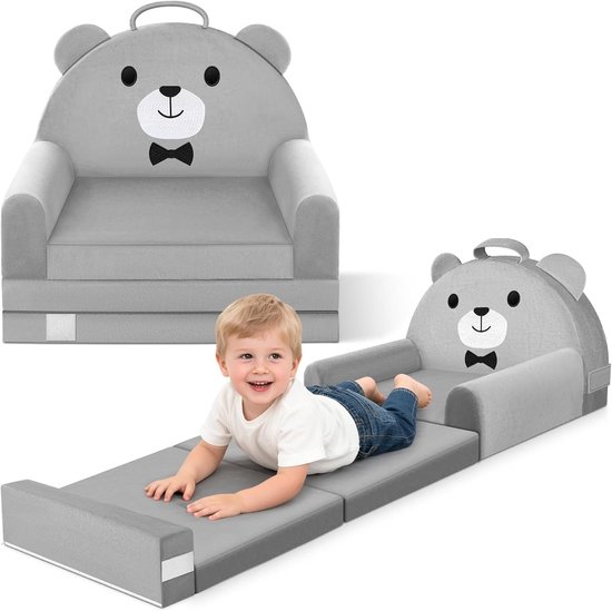 CINK & Co Kinderbank 2-in-1 - Uitklapbaar tot Logeerbed - Met Wasbare Hoes en Kussen - Dinosaurusdessin - Grijs