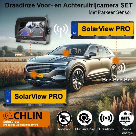 CL CHLIN® Solar View PRO Duo - Draadloze voor- en Achteruitrijcamera met ingebouwde accu en zonnepanelen incl 7inch pro scherm - achteruitrijcamera's - achteruitrij camera kentekenplaat - achteruitrijcamera's - parkeercamera draadloos auto, caravan van CL CHLIN