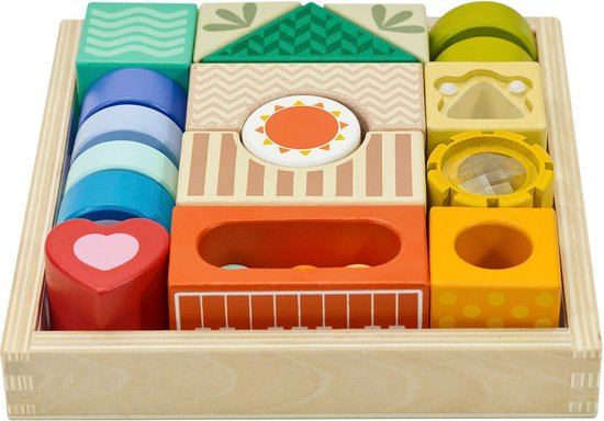 CLASSIC WORLD Houten Sensorische Blokken 8 Functies Puzzel Multifunctionele Vormen Geluid 18 el.