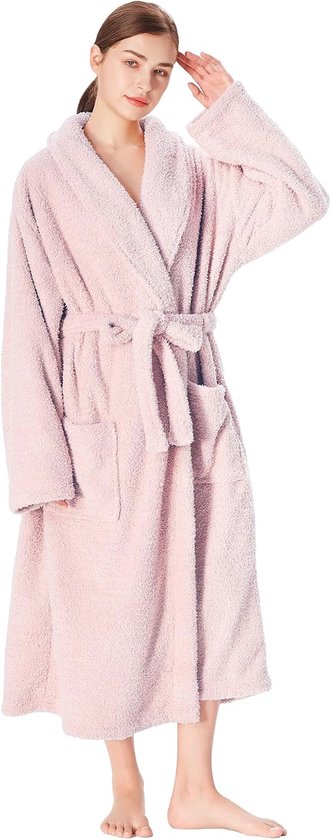 Classy zachte badjas voor dames en heren, lange fluffy sherpa ochtendjas, sauna badjassen zonder capuchon, warme cadeaus voor vrouwen, roze, L