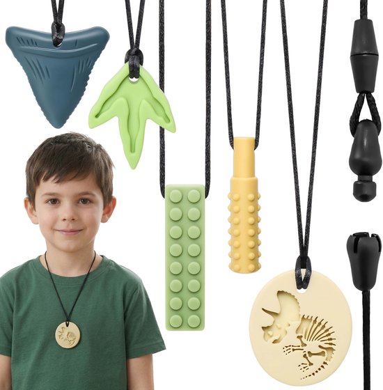 CLDY Set sensorische bijtringen voor kinderen, bijtketting voor jongens, kauwketting, kauwsieraad voor autistische - ADHD, therapeutische ketting, siliconen bijtringen om mee te gooien – 5 stuks van Merkloos