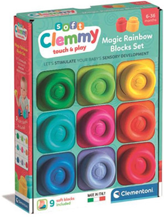 Clementoni 9x Soft Clemmy Regenboog Stapelblokken - Zachte Foam Speelblokken - Wasbaar Sensorisch Speelgoed - Blokken voor Baby vanaf 6 Maanden
