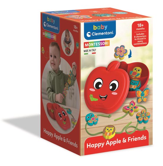 Clementoni Happy Apple & Friends Rijgspel - Rijgkralen en Kralen Rijgen voor Peuters en Kinderen - Montessori Baby Speelgoed - Fijne Motoriek Oefenen