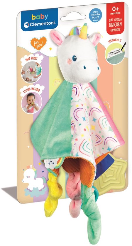 Clementoni Knuffeldoekje Eenhoorn Soft Cuddles - Knuffeldoek met Voeldetails - Zacht Kraamcadeau Jongen of Meisje - Baby Comforter vanaf 0 Maanden