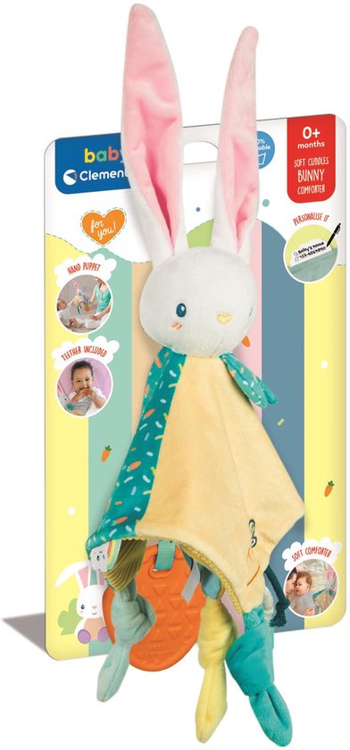 Clementoni Knuffeldoekje Konijn Soft Cuddles - Knuffeldoek met Voeldetails - Wasbaar Kraamcadeau Jongen of Meisje - Baby Comforter vanaf 0 Maanden