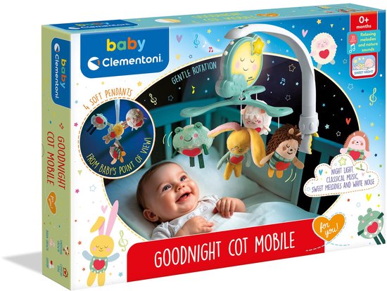 Clementoni Muziekmobiel Carillon - Boxmobiel, Baby Mobiel voor Box - Babymobiel met Muziek, Licht en Timer - Wasbare Pluche Hangers - Verstelbare Klem