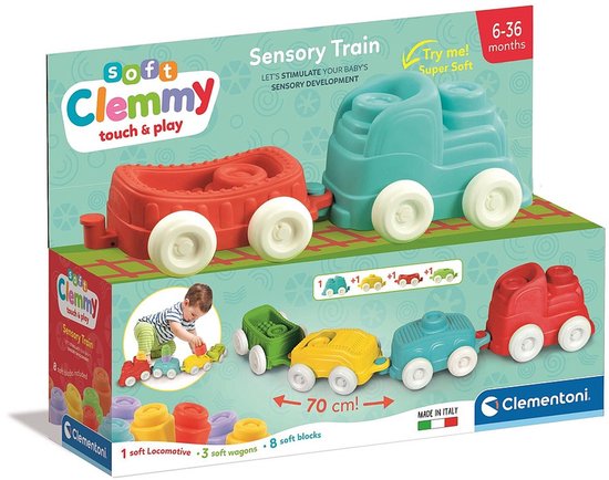 Clementoni - Soft Clemmy - Baby speelgoed - Zachte trein - Sensorische blokken - vanaf 10 maanden