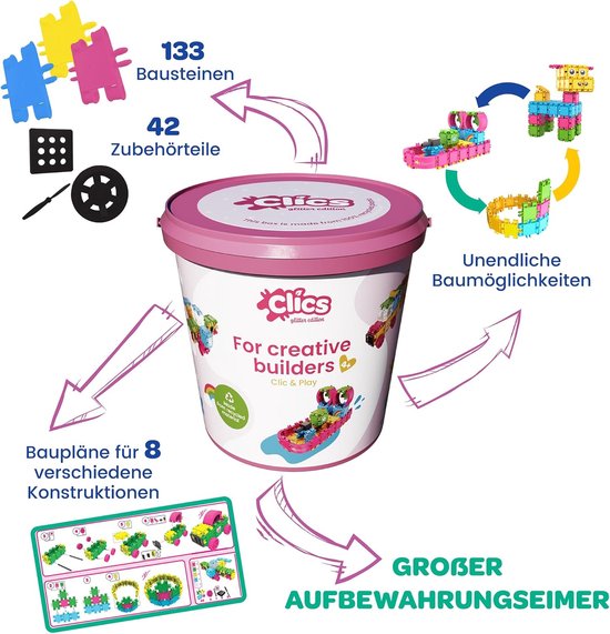 Clics Bouwspeelgoed vanaf 3 jaar Creatief educatief speelgoed Set van 175 stuks Glitter bouwstenen voor meisjes Montessori STEM-speelgoed Duurzaam speelgoed van gerecyclede materialen van Clics