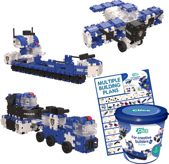 Clics Politie 8-in-1 bouwblokken– DUURZAAM SPEELGOED gemaakt van GERECYCLEERDE kunststof- bouwset 8 in 1 - speelgoed 4,5,6,7,8 jaar jongens en meisjes- educatief speelgoed- Montessori speelgoed- constructie speelgoed van Clics