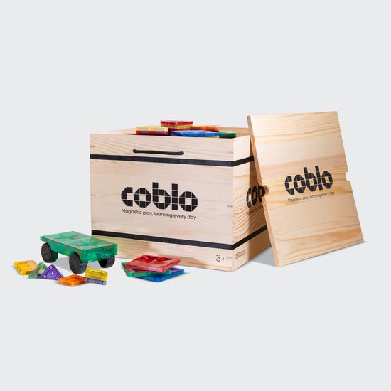 Coblo - Magnetic Tiles - Classic XL set 250 stuks met Houten Opbergbox - Inclusief Mini Magnetische Tegels en Auto-onderstellen - Magnetisch speelgoed - Vanaf 3 jaar