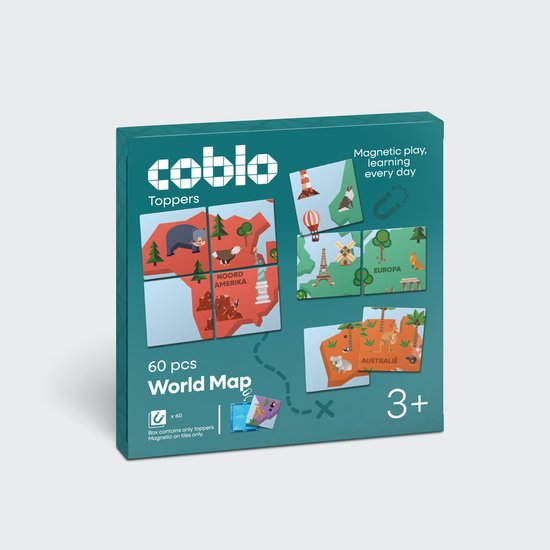 Coblo - Magnetic Tiles Toppers - Wereldkaart 60 stuks - Uitbreiding voor Magnetische tegels - Magnetisch speelgoed - Vanaf 3 jaar van Coblo