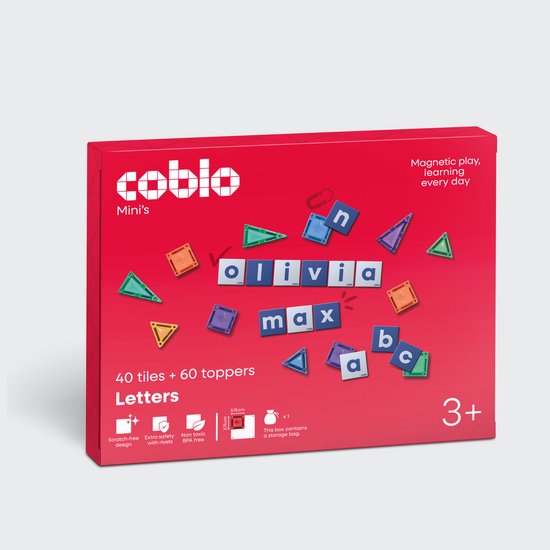 Coblo - Mini Magnetic Tiles met Mini Letter Toppers - 40 Mini Magnetische tegels & 60 Mini Letter toppers - Magnetisch speelgoed - Vanaf 3 jaar