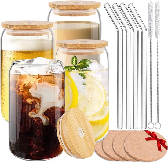 Cocktailglazen, set van 4, drinkglazen, bierglas, longdrinkglas, sapglazen, ijskoffieglazen, waterglazen, set met 4 rietjes, 3 poetsborstels, drinkglas voor familie, camping, feest, bar van Sziqiqi