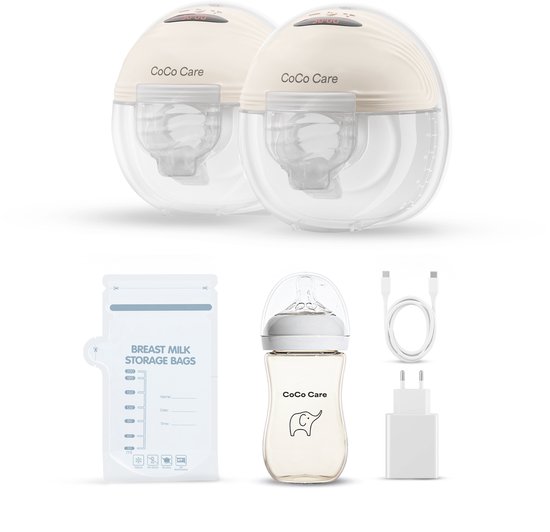 CoCo Care® Dual Flow Pro 2025 - Elektrische Borstkolf - Handsfree Borstkolf – Borstkolf Handsfree - BPA-vrij - Inclusief PPSU Babyfles & 30 Melkbewaarzakjes - Beige van Merkloos