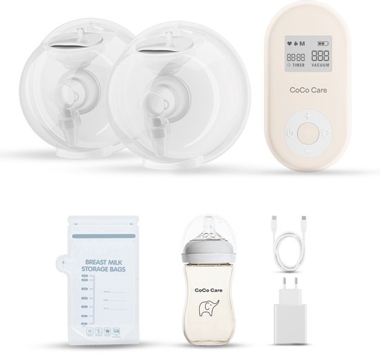 CoCo Care® Flow Max 2026 - Draagbare Draadloze Handsfree Borstkolf - Dubbele Elektrische Oplaadbare Borstkolf - Fluisterstil <40dB - USB-C Oplaadbaar - 4 Flensmaten - Inclusief PPSU Babyfles & 30 Melkbewaarzakjes - Beige van Merkloos