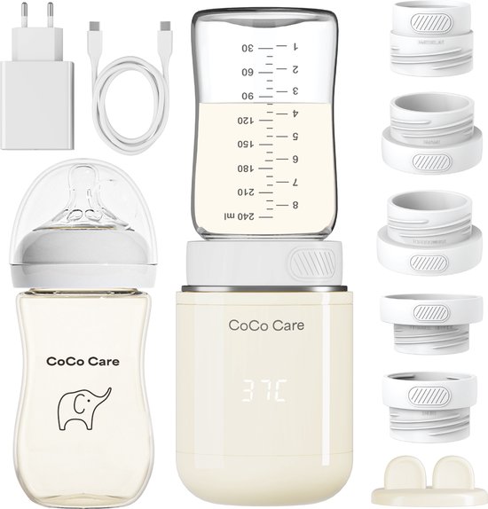 CoCo Care® Heat-2-Go Pro 2025 - Draagbare Flessenwarmer - Flessenwarmer Onderweg - Flessenwarmer Draadloos - 13.200 mAh - Inclusief 5 Adapters & PPSU Babyfles - Beige van Merkloos