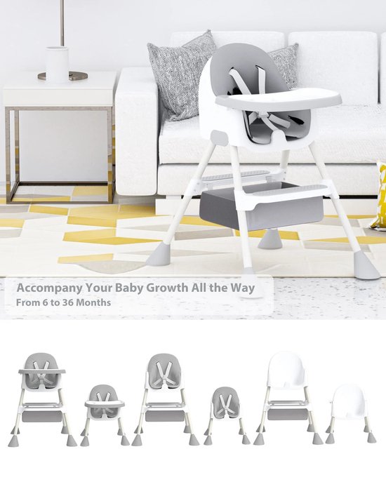 Coco® - Hoge Baby Stoel - Grijs - Vanaf 6 maanden te gebruiken - 2-in-1 - Met voetensteun - Afneembare dubbele lade van Coco®