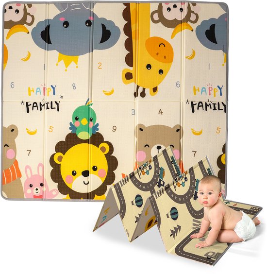 Coco&co Speelmat foam Baby - Opvouwbaar - Speelkleed baby - Speelkleed - Dubbelzijdig - 200x180 cm - Inclusief opbergtas - Happy Family van Merkloos