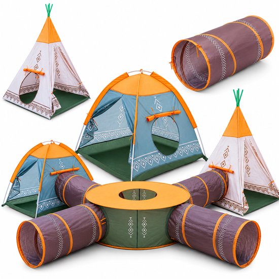 COIL Kinderspeeltent Set 7in1 - met Tipi, Iglo Tent, Speelcentrum en 4 Kruiptunnels – Indoor & Outdoor Speelparadijs voor Kinderen vanaf 3 Jaar