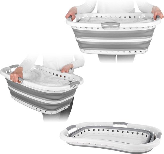 Collapsible Hip Hugger Laundry Basket - Curved Shaped Body Easy Fold - Non-Slip Ergonomic Handles - Grey 37 Litres - 66 x 44 x 24cm When Collapsed van beldray