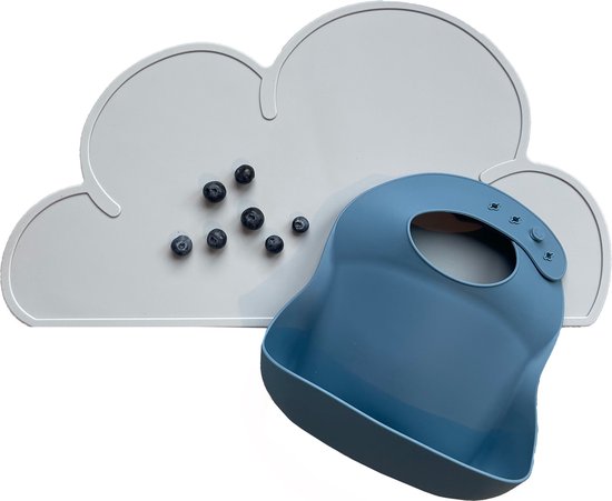 Combi placemat en slabbetje | Grijs - Blauw | Baby-Kinder Siliconen Slabbetje met Opvangbakje | Anti-slip Silicone placemat van $