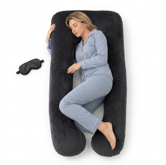 Comfeur Zwangerschapskussen XXL - Memory Foam Body Pillow - Lichaamskussen & Voedingskussen - 280 cm - Afneembare Velours Hoes - Verzwaarde Zijslaapkussen - Incl. Slaapmasker