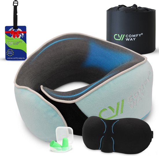 COMFY WAY® - Nekkussen voor Kinderen - Luxe Reiskussen voor vliegtuig en auto - memory foam met slaapmasker en oordoppen - Lichtblauw van COMFY WAY®