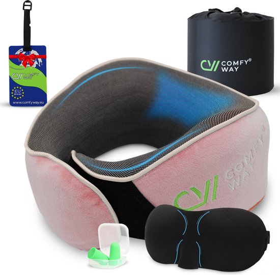 COMFY WAY® - Nekkussen voor Kinderen - Luxe Reiskussen voor vliegtuig en auto - memory foam met slaapmasker en oordoppen - Roze van COMFY WAY®